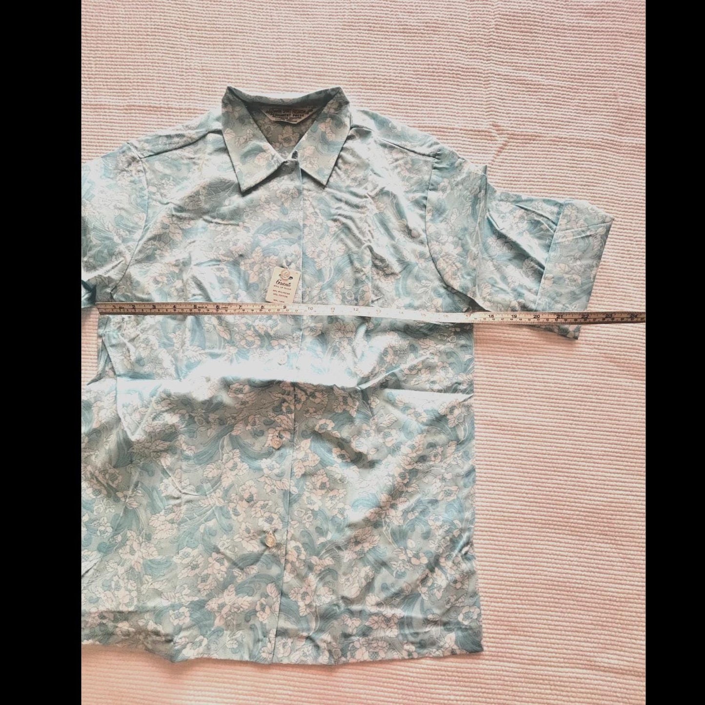 NEW Vintage 1960s Grants Blue Floral Button-Up Blouse With Cuff Sleeves Top