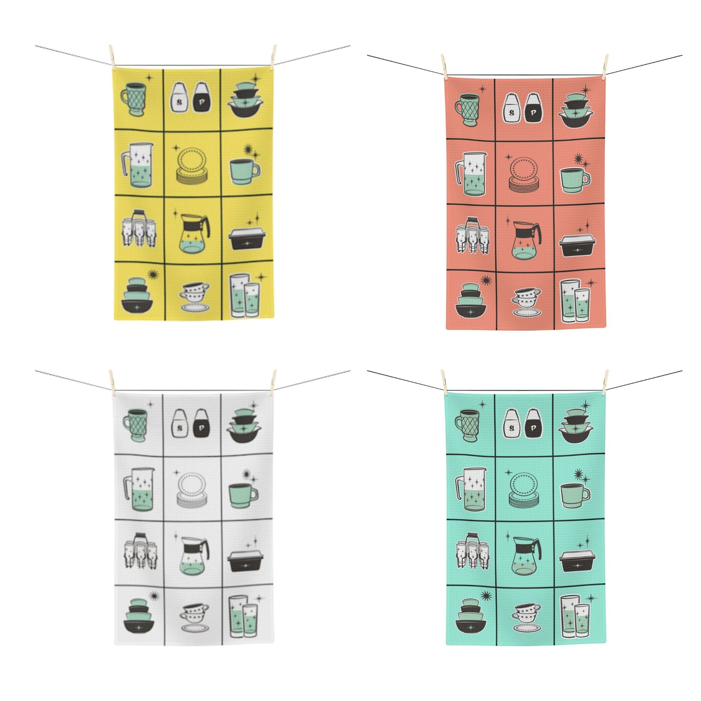 Vintage Kitchen Appliance Dish Towel Retro 50s White Yellow Pink Blue