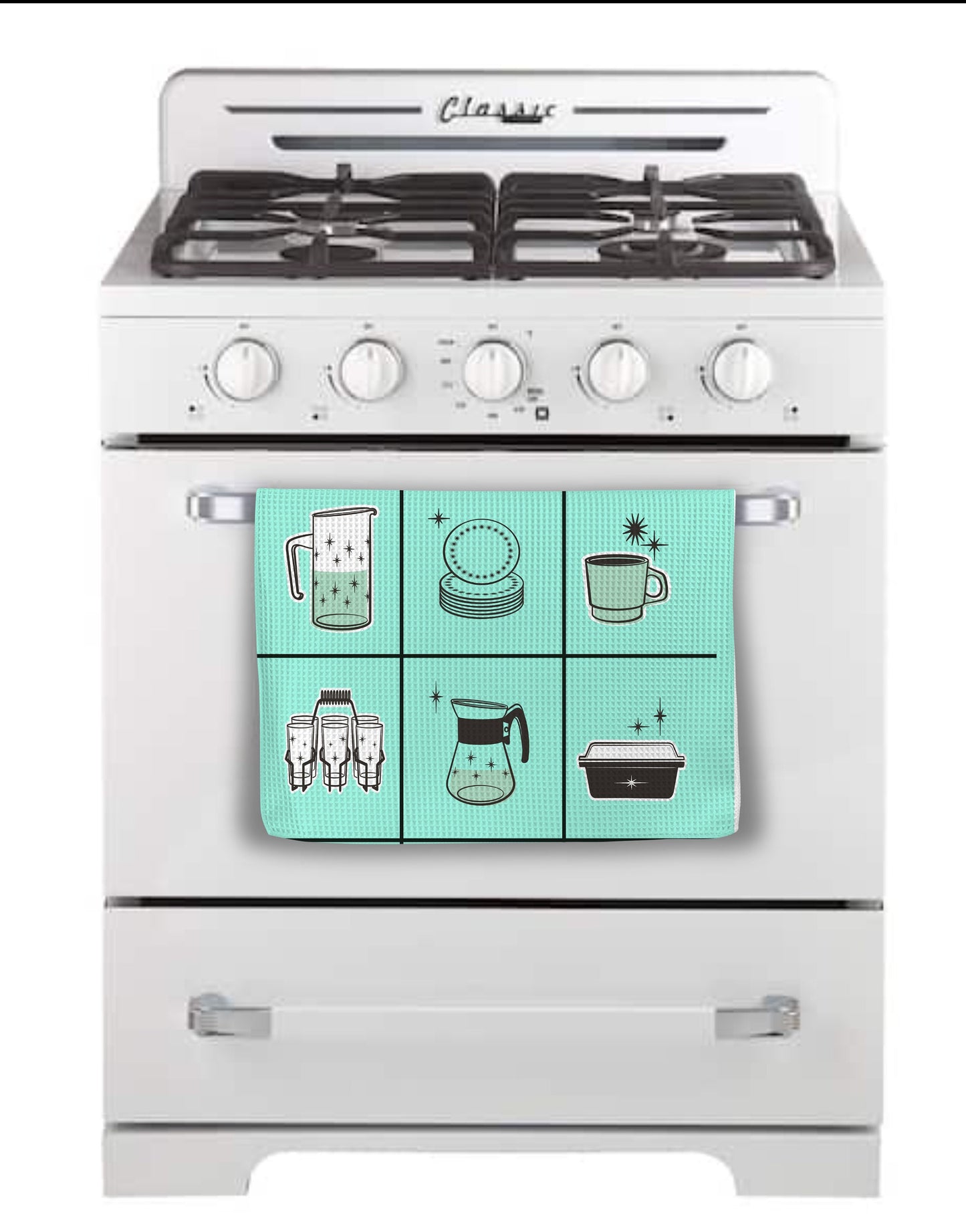 Vintage Kitchen Appliance Dish Towel Retro 50s White Yellow Pink Blue