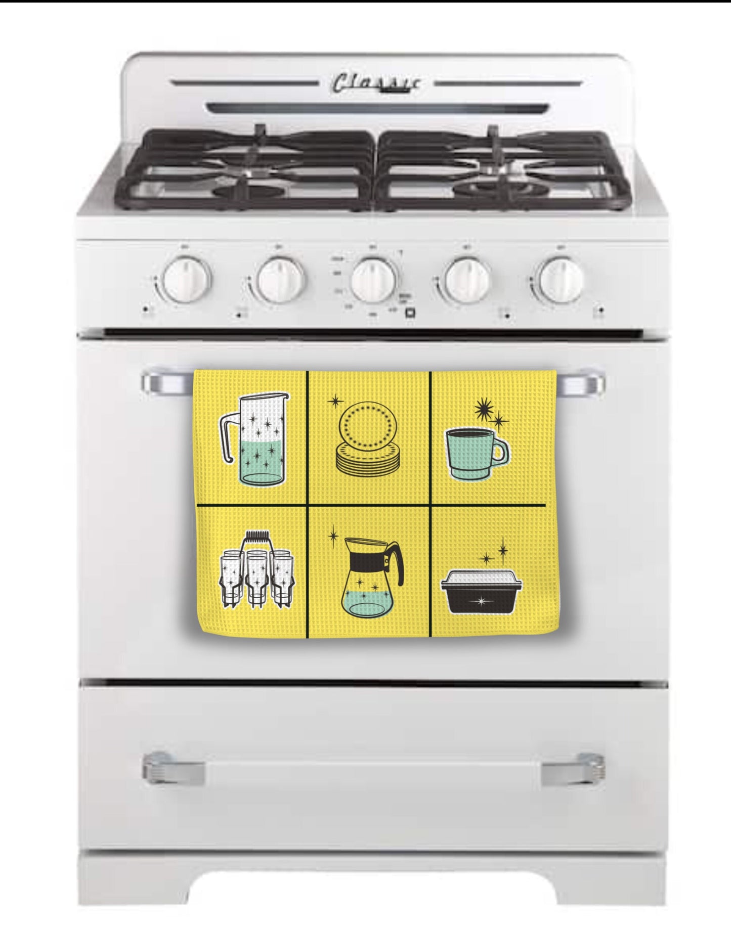 Vintage Kitchen Appliance Dish Towel Retro 50s White Yellow Pink Blue