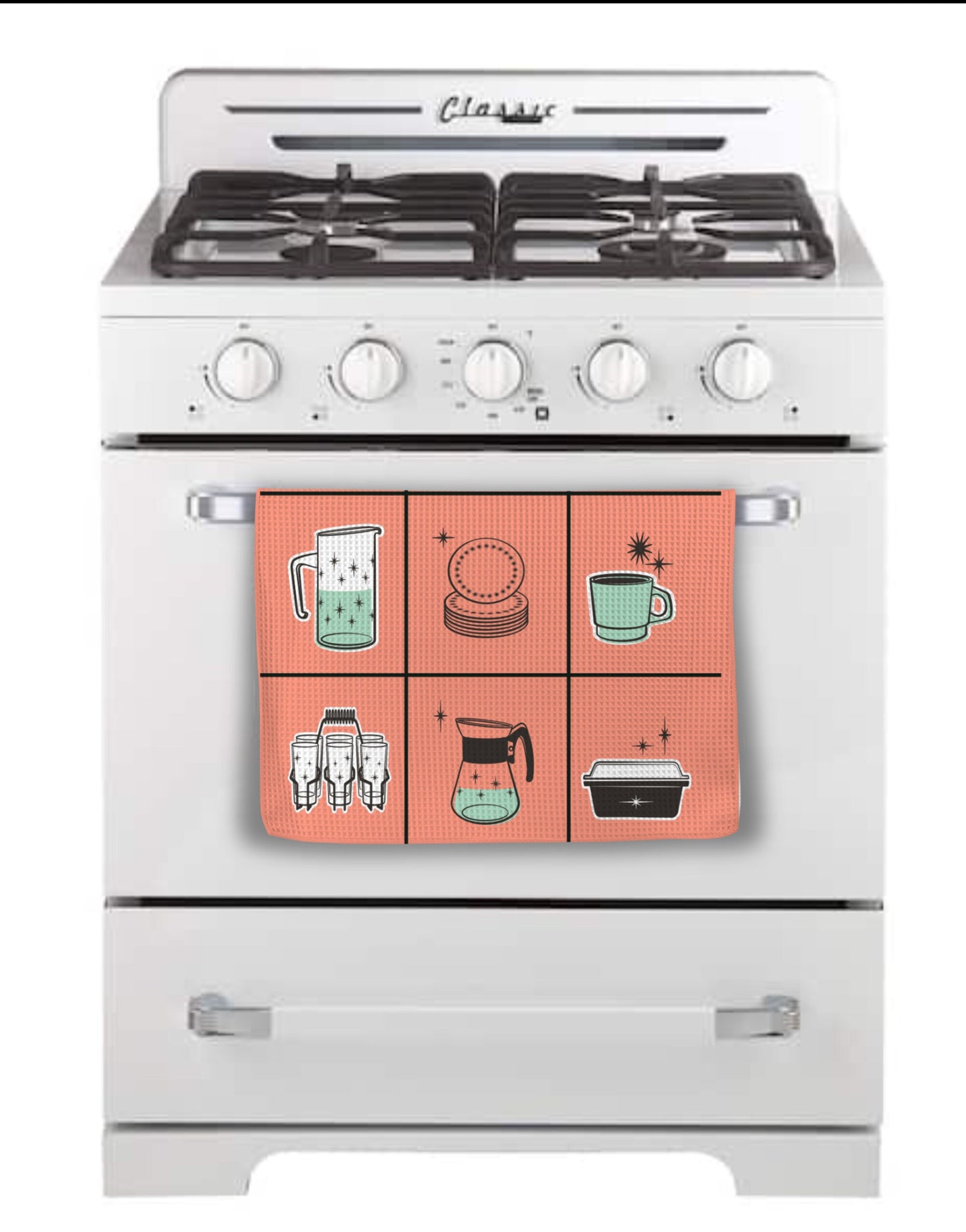 Vintage Kitchen Appliance Dish Towel Retro 50s White Yellow Pink Blue