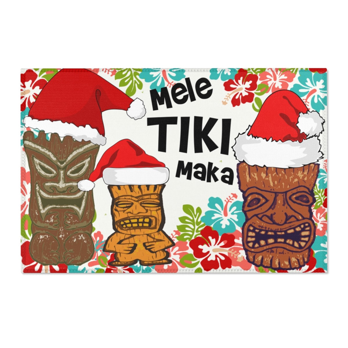 TIKI Christmas Holiday Festive Area Rug Mat Hawaii Mele Kalikimaka WHITE