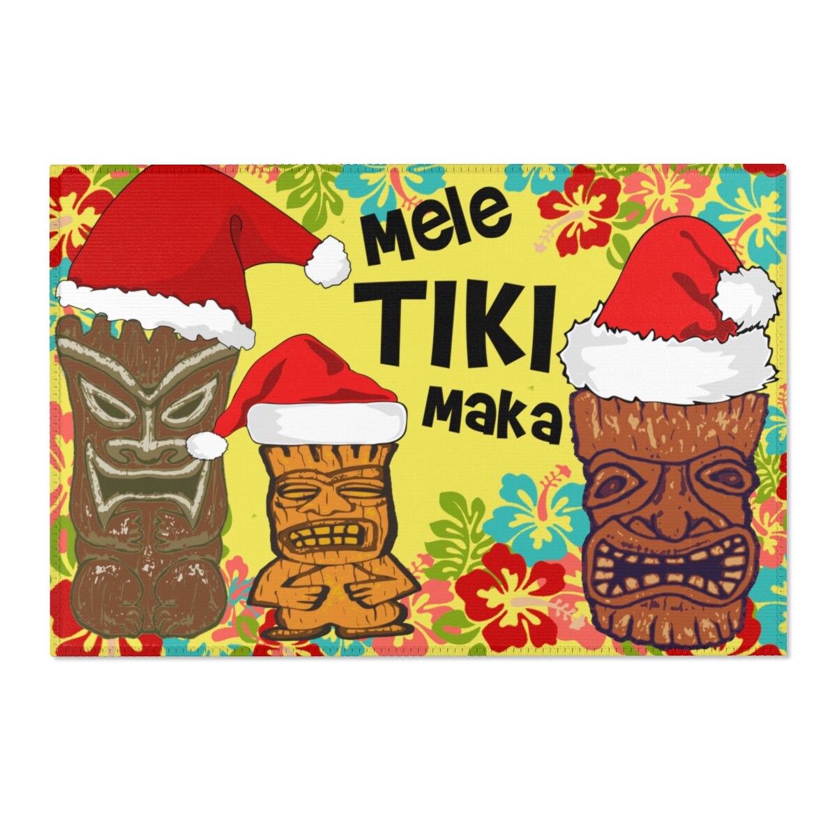 TIKI Christmas Holiday Festive Area Rug Mat Hawaii Mele Kalikimaka YELLOW