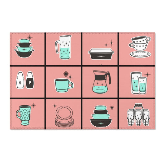 MCM Mid Century Modern Retro Kitchen Rug Vintage 50s Cookware Pink