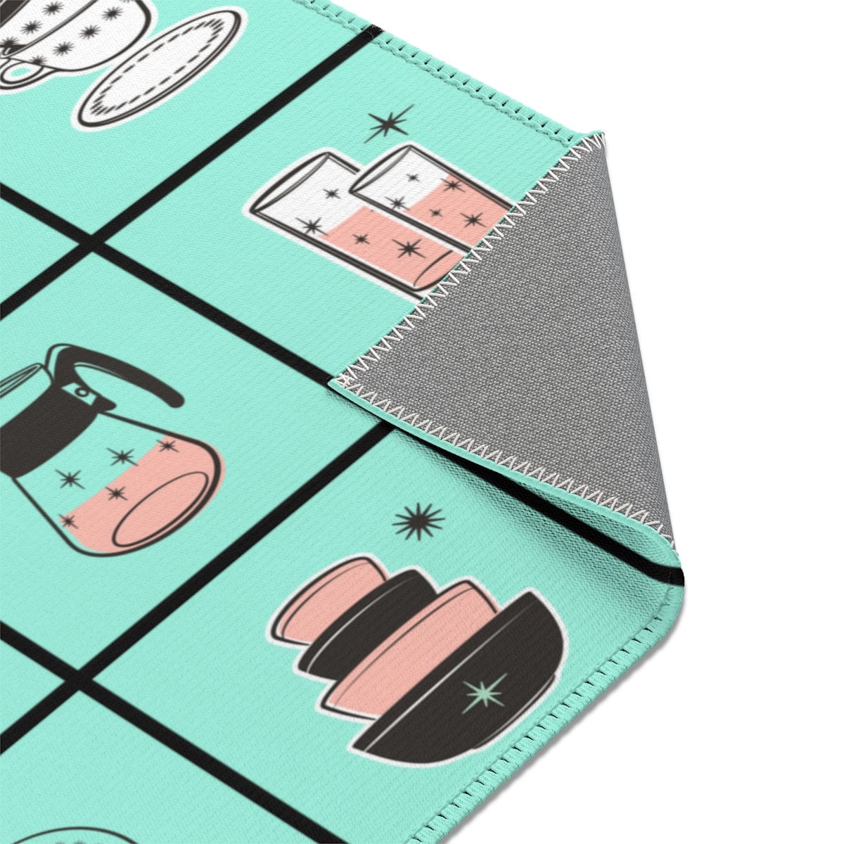 MCM Mid Century Modern Retro Kitchen Rug Vintage 50s Cookware Blue