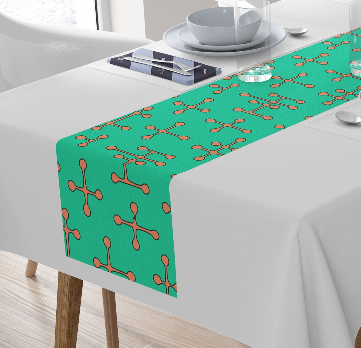 Charles & Ray Eames Small Dot Pattern Table Runner Retro Mid Century Modern Lines  Teal Blue Pink MM2 Vintage Style 72  x 16