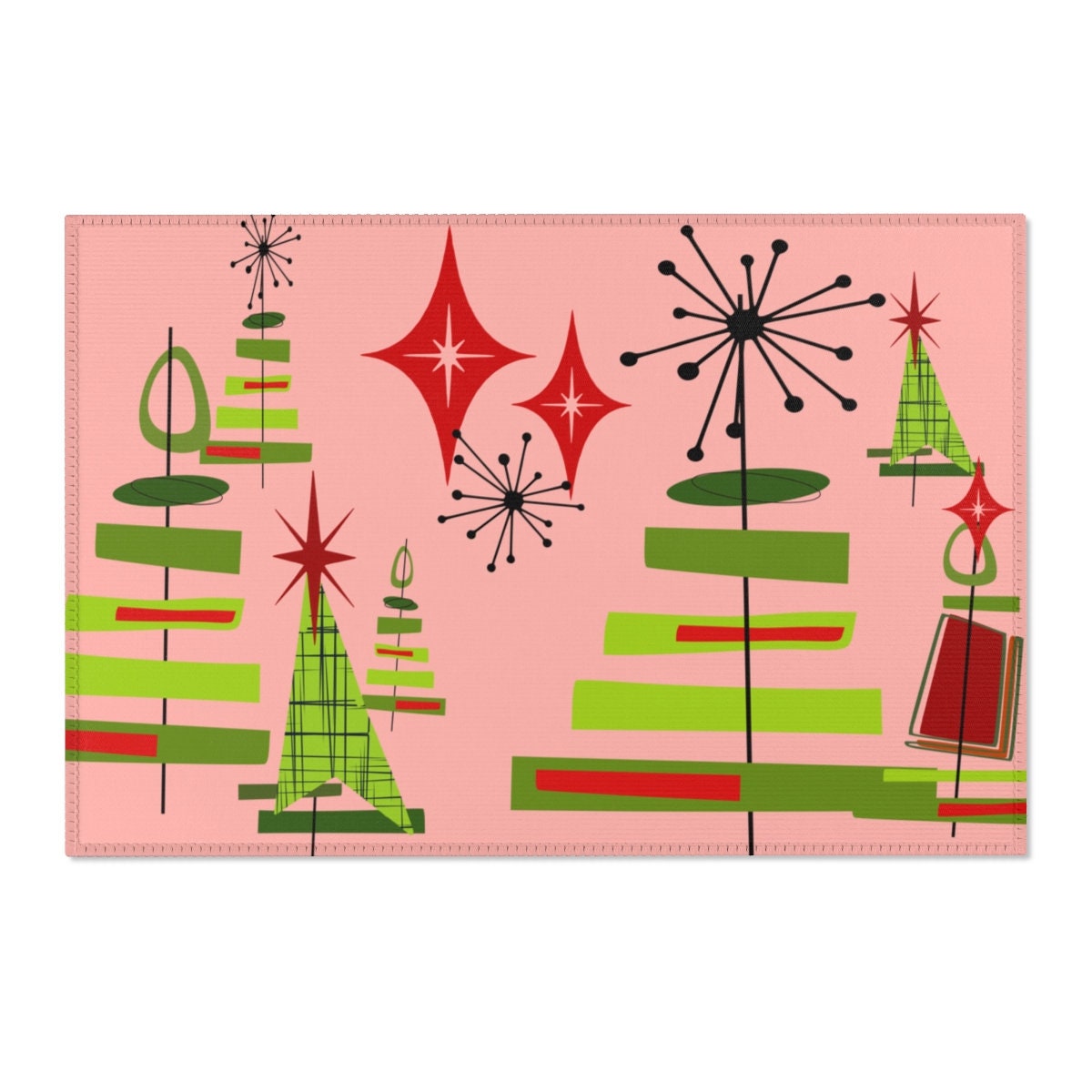 Mid Century Modern MCM Christmas Holiday Festive Area Rug Mat Pink