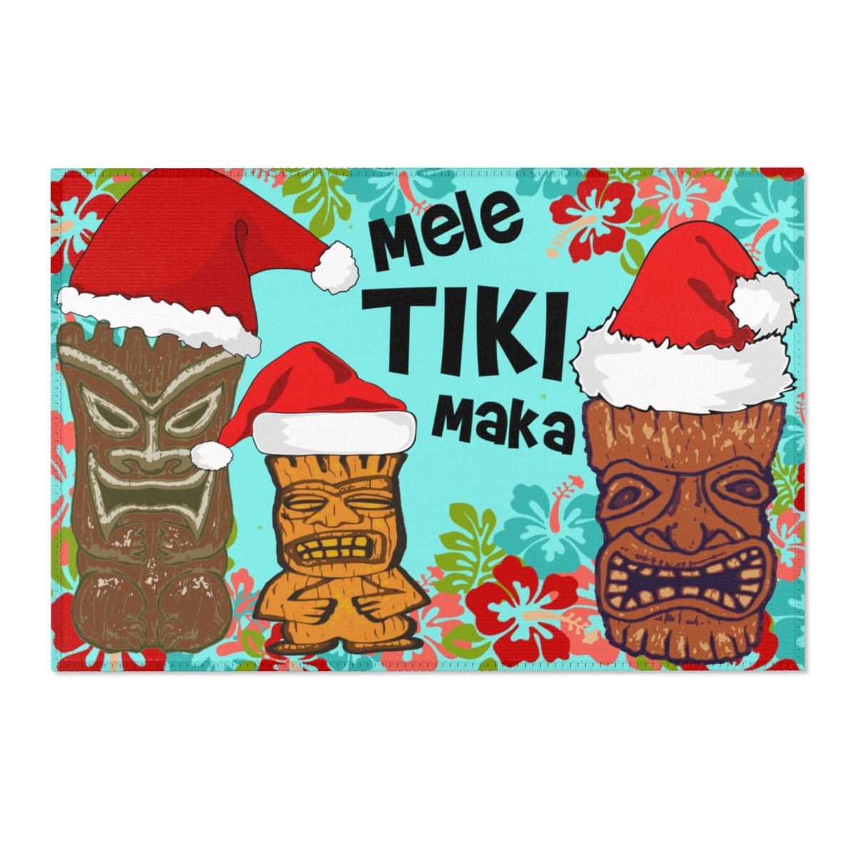 TIKI Christmas Holiday Festive Area Rug Mat Hawaii Mele Kalikimaka BLUE
