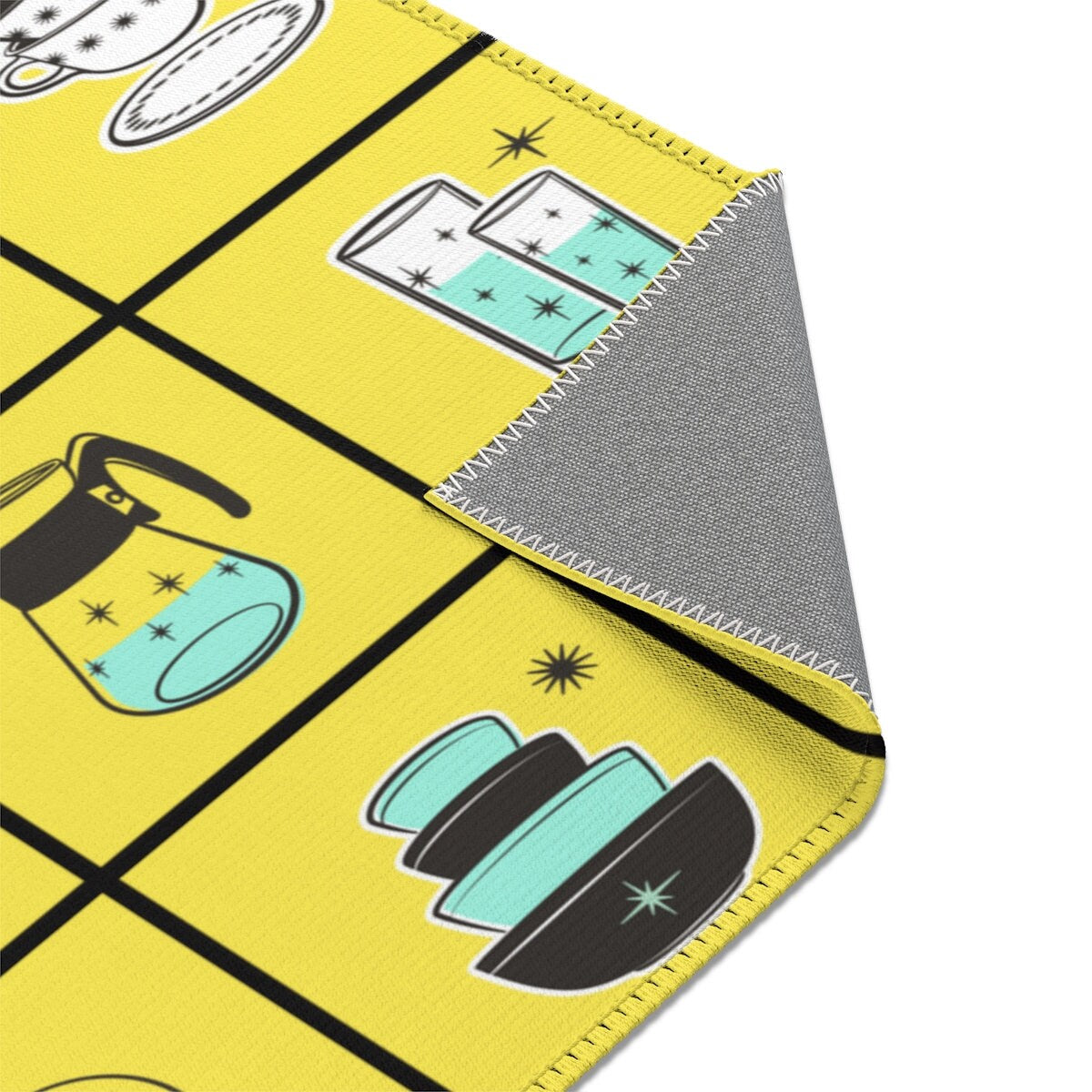 MCM Mid Century Modern Retro Kitchen Rug Vintage 50s Cookware Yellow