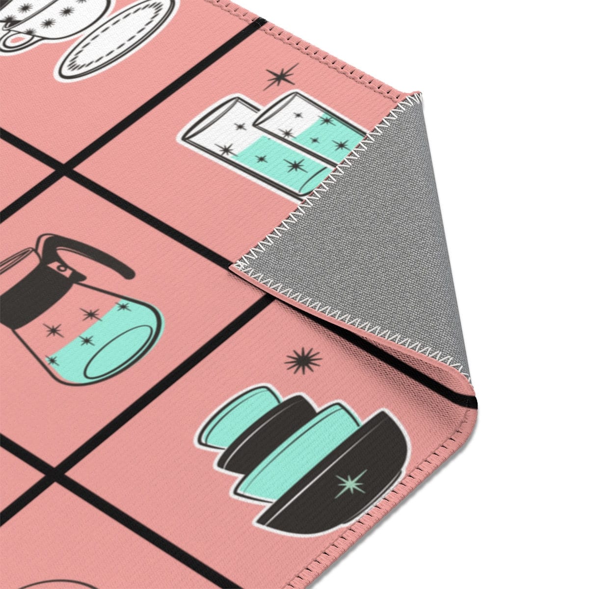 MCM Mid Century Modern Retro Kitchen Rug Vintage 50s Cookware Pink