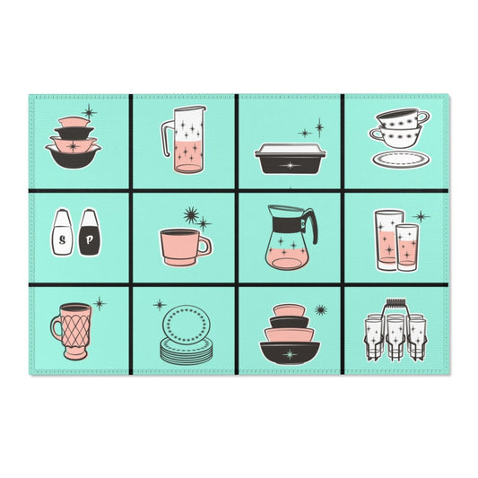 MCM Mid Century Modern Retro Kitchen Rug Vintage 50s Cookware Blue