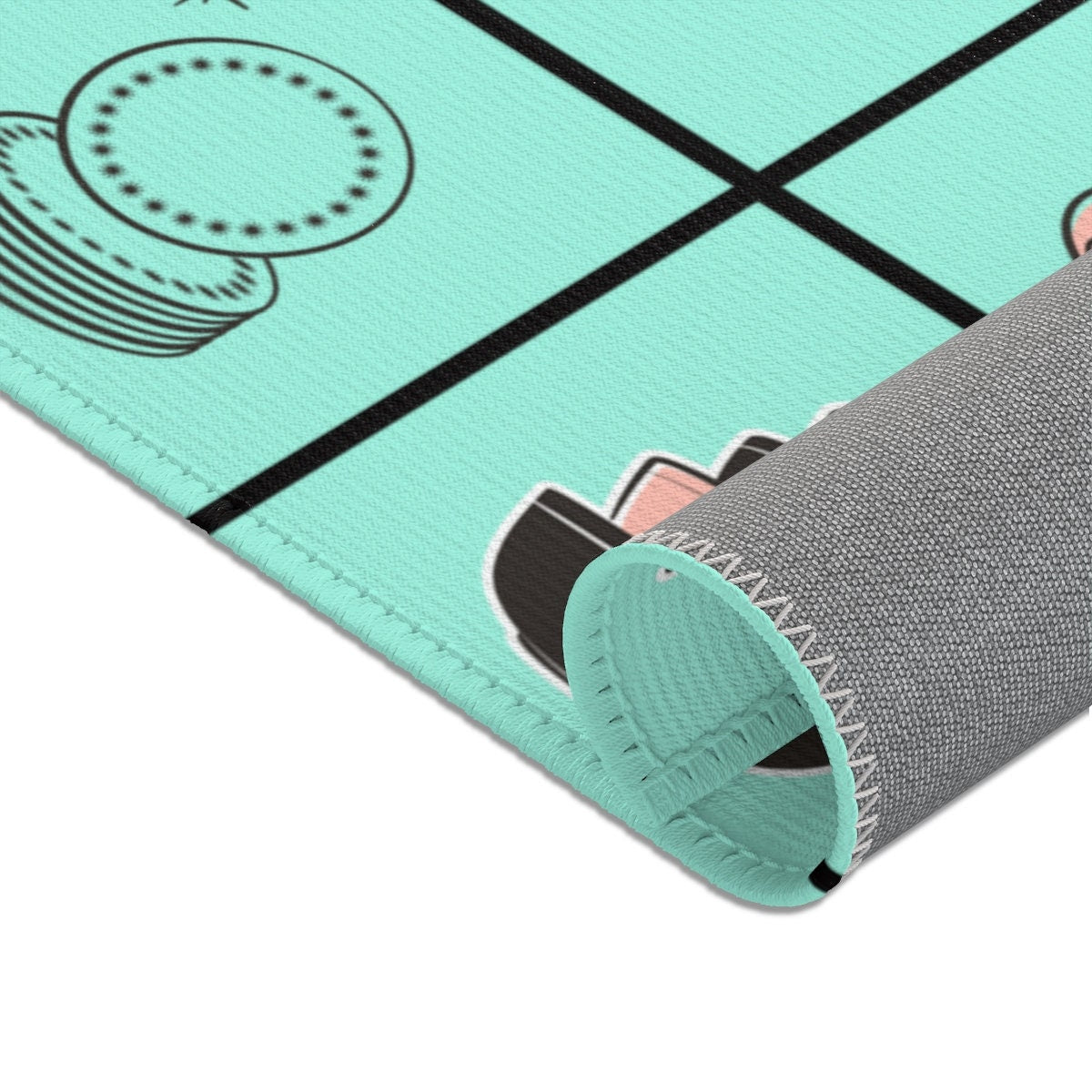 MCM Mid Century Modern Retro Kitchen Rug Vintage 50s Cookware Blue