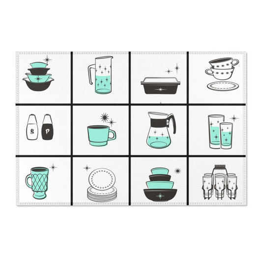 MCM Mid Century Modern Retro Kitchen Rug Vintage 50s Cookware White