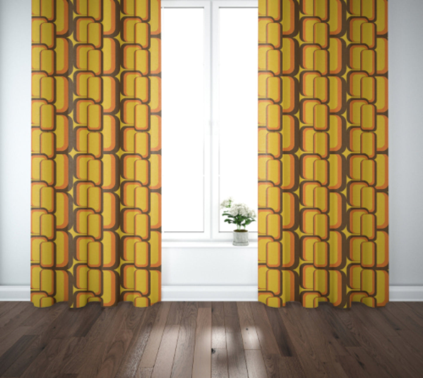 Curtain Blackout or Sheer Panel Vintage Style Retro 60s 70s Modern Geometric Yellow Brown Pink Red 70s6