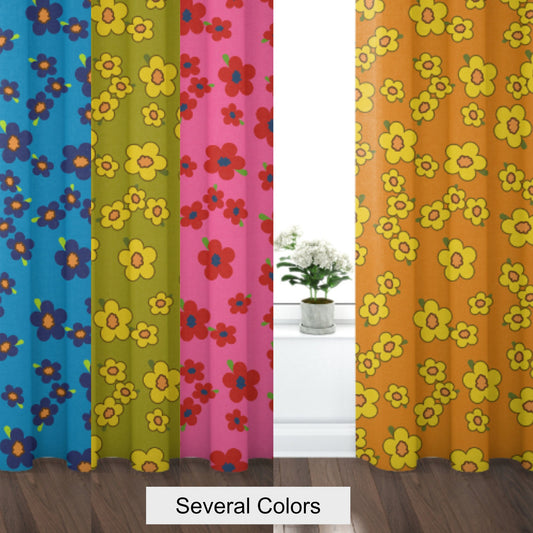 Curtain Blackout or Sheer Panel Vintage Style Retro 60s 70s Floral Flowers Orange Pink Green Blue 70s7