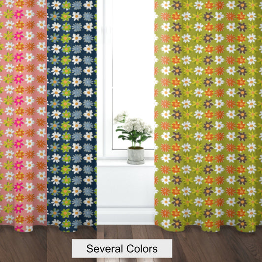 Curtain Blackout or Sheer Panel Vintage Style Retro 60s 70s Floral Flowers Orange Pink Green Blue 70s8