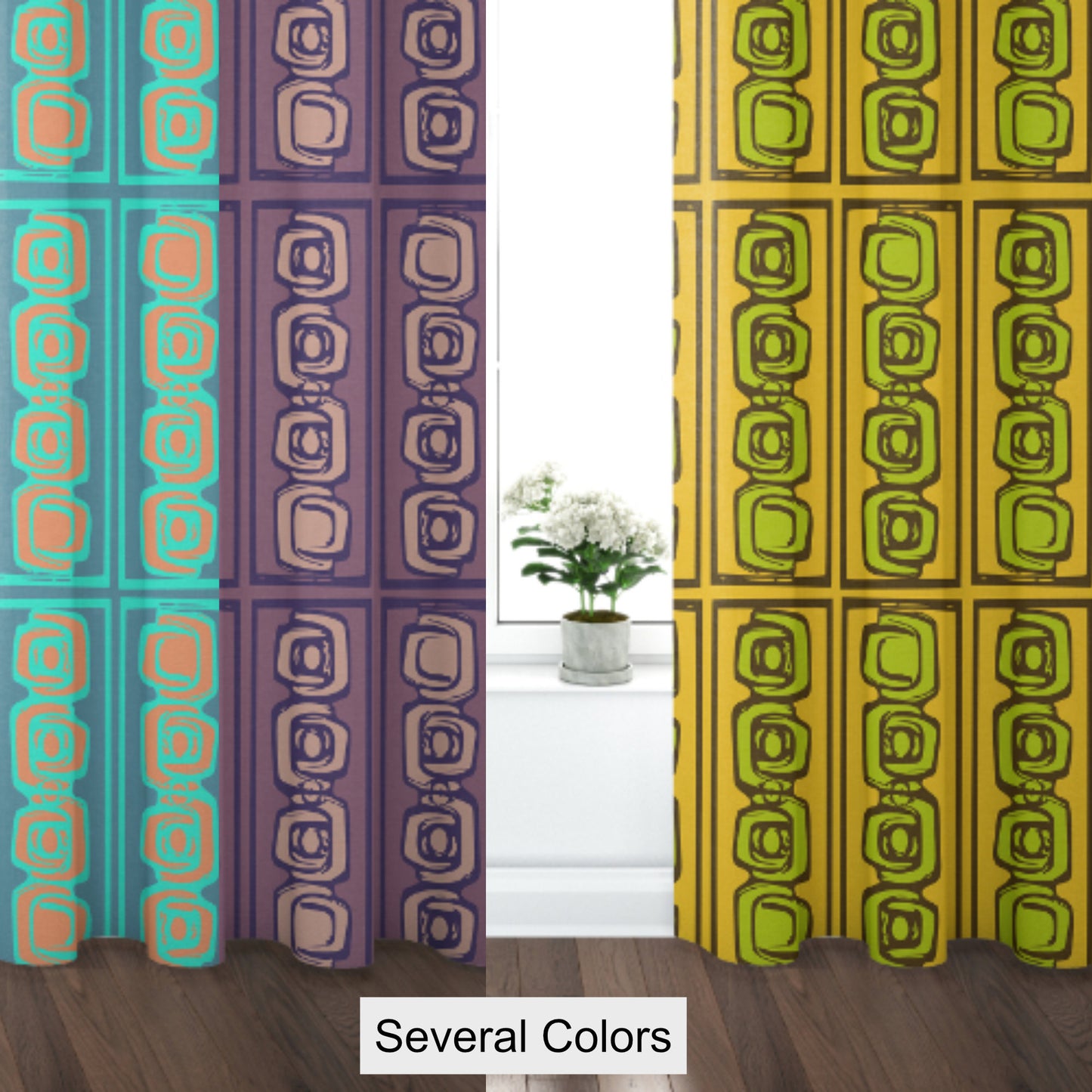 Curtain Blackout or Sheer Panel Vintage Style Mid Century Modern TIKI Retro MM35 Yellow Purple Blue