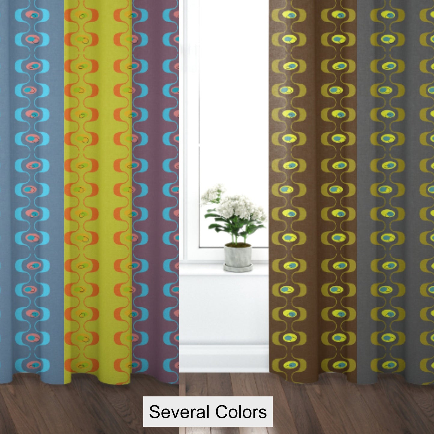 Curtain Blackout or Sheer Panel Vintage Style Mid Century Modern MCM Retro Blue Brown Gray Green Purple MM40