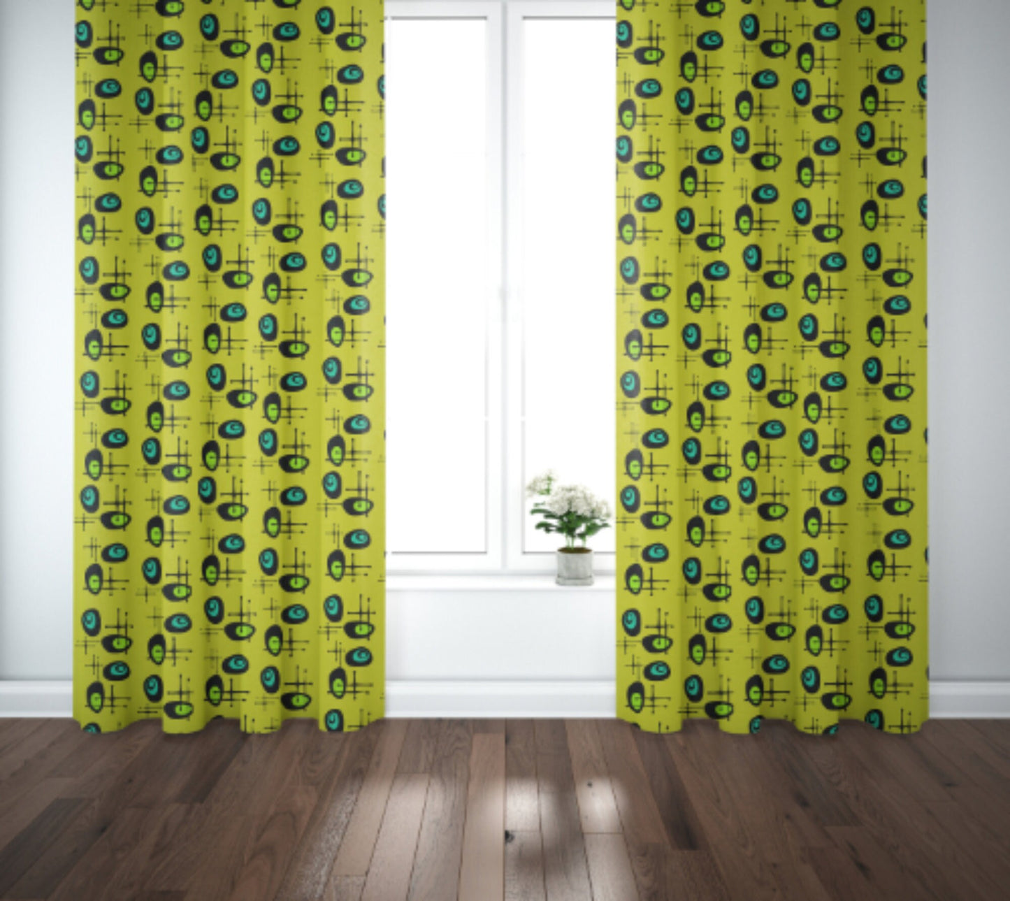 Curtain Blackout or Sheer Panel Vintage Style Mid Century Modern TIKI Retro Green Pink MM41