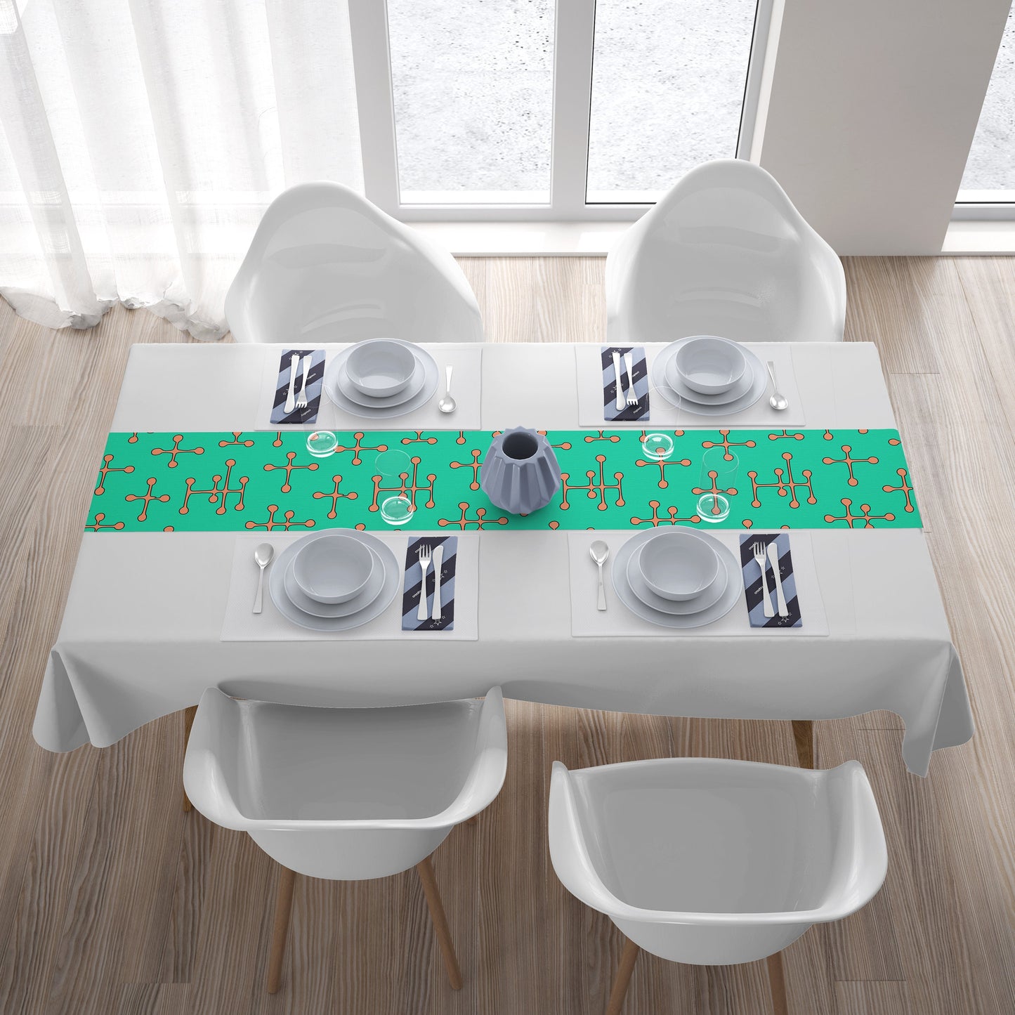 Charles & Ray Eames Small Dot Pattern Table Runner Retro Mid Century Modern Lines  Teal Blue Pink MM2 Vintage Style 72  x 16