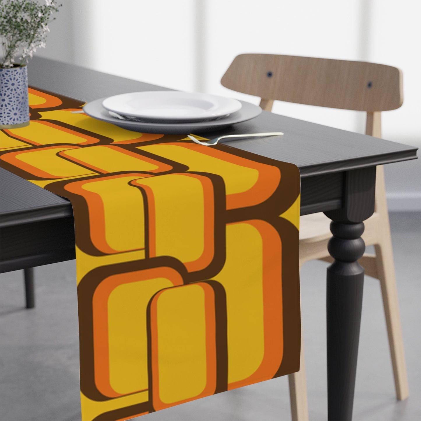 Table Runner 60s 70s Modern Geometric Yellow Brown 70s6 Vintage Style 72  x 16