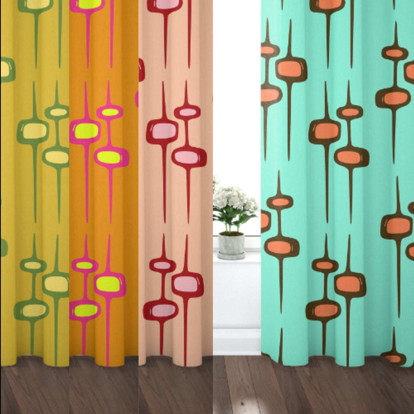 Curtain Blackout or Sheer Panel Vintage Style Mid Century Modern Mcm Retro Geometric Mm36 Blue Pink Orange Mustard Yellow