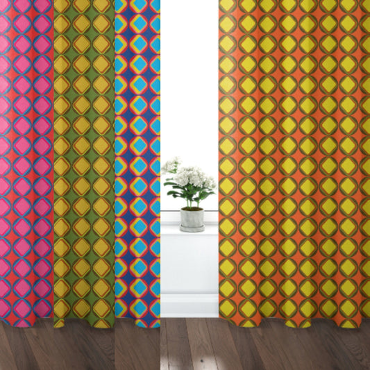 Curtain Blackout or Sheer Panel Vintage Style Retro 60s 70s Modern Geometric Orange Green Yellow Blue Pink 70s5