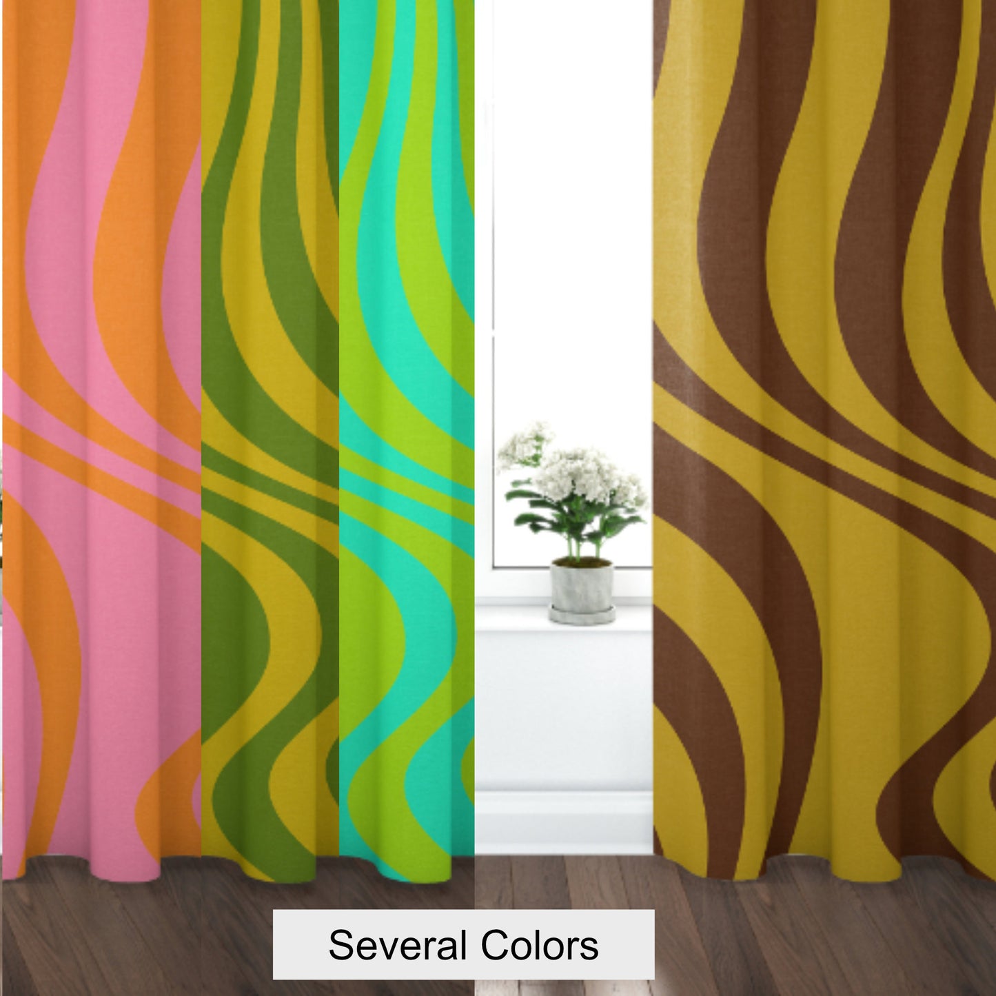 Curtain Blackout or Sheer Panel Vintage Style Retro 60s 70s Modern Swirl Orange Pink Blue Green 70s9