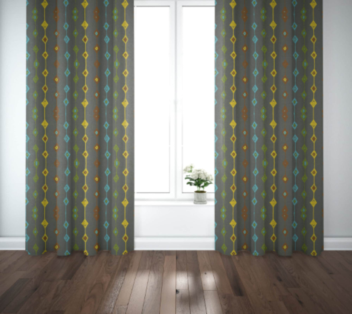 Curtain Blackout or Sheer Panel Vintage Style Mid Century Modern Mcm Retro Gray Green Yellow MM1