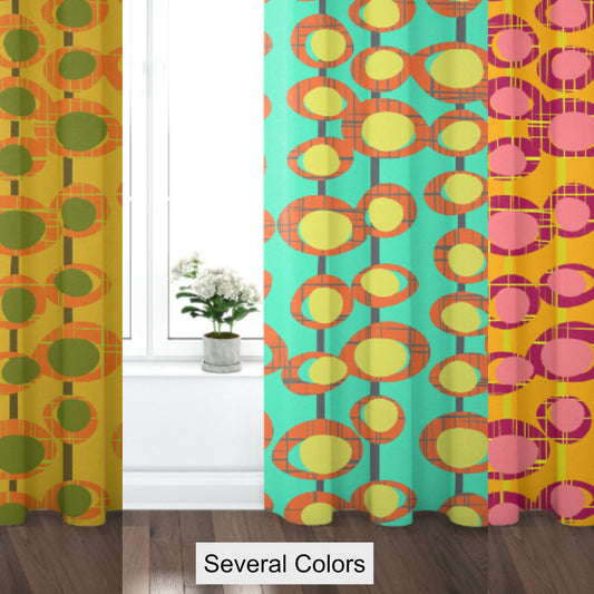 Curtain Blackout or Sheer Panel Vintage Style Mid Century Modern Mcm Retro Orange Pink Teal Blue Yellow MM32