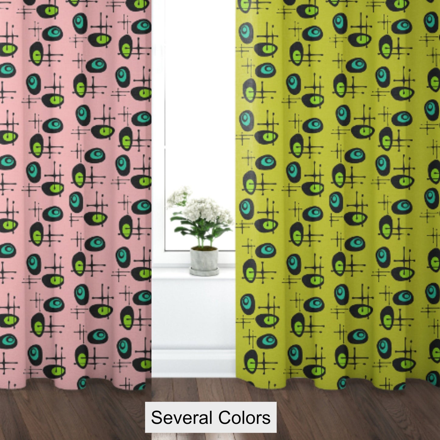 Curtain Blackout or Sheer Panel Vintage Style Mid Century Modern TIKI Retro Green Pink MM41
