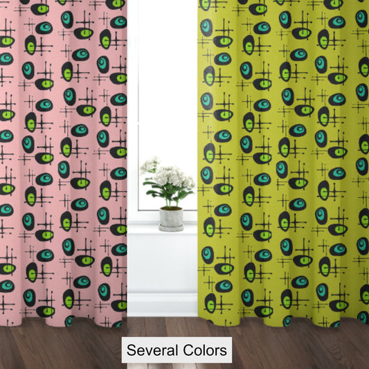 Curtain Blackout or Sheer Panel Vintage Style Mid Century Modern TIKI Retro Green Pink MM41