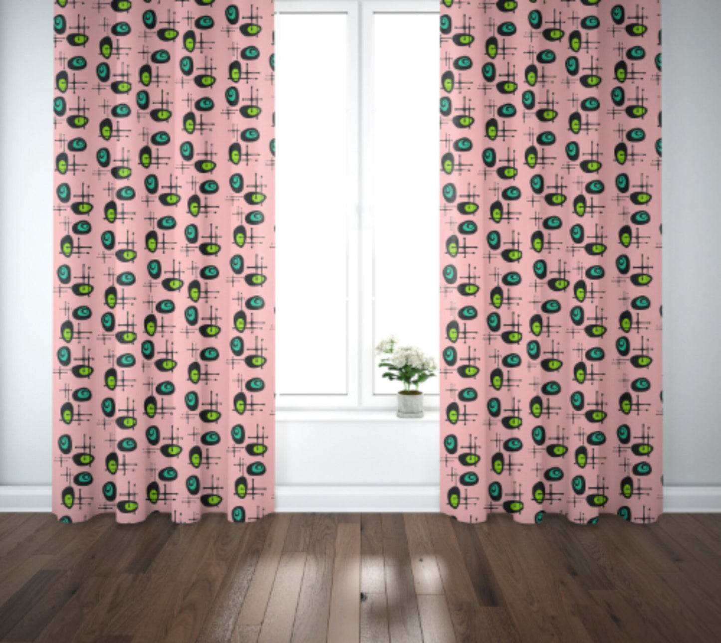 Curtain Blackout or Sheer Panel Vintage Style Mid Century Modern TIKI Retro Green Pink MM41