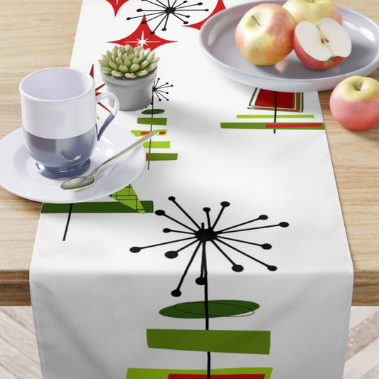 Christmas Holiday Table Runner Mid Century Modern White Tinsel Trees