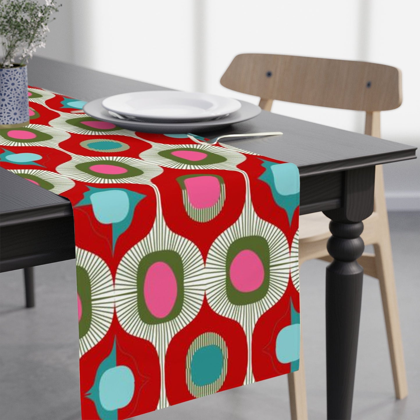 Table Runner Mcm Retro Vintage Style Geometric Red