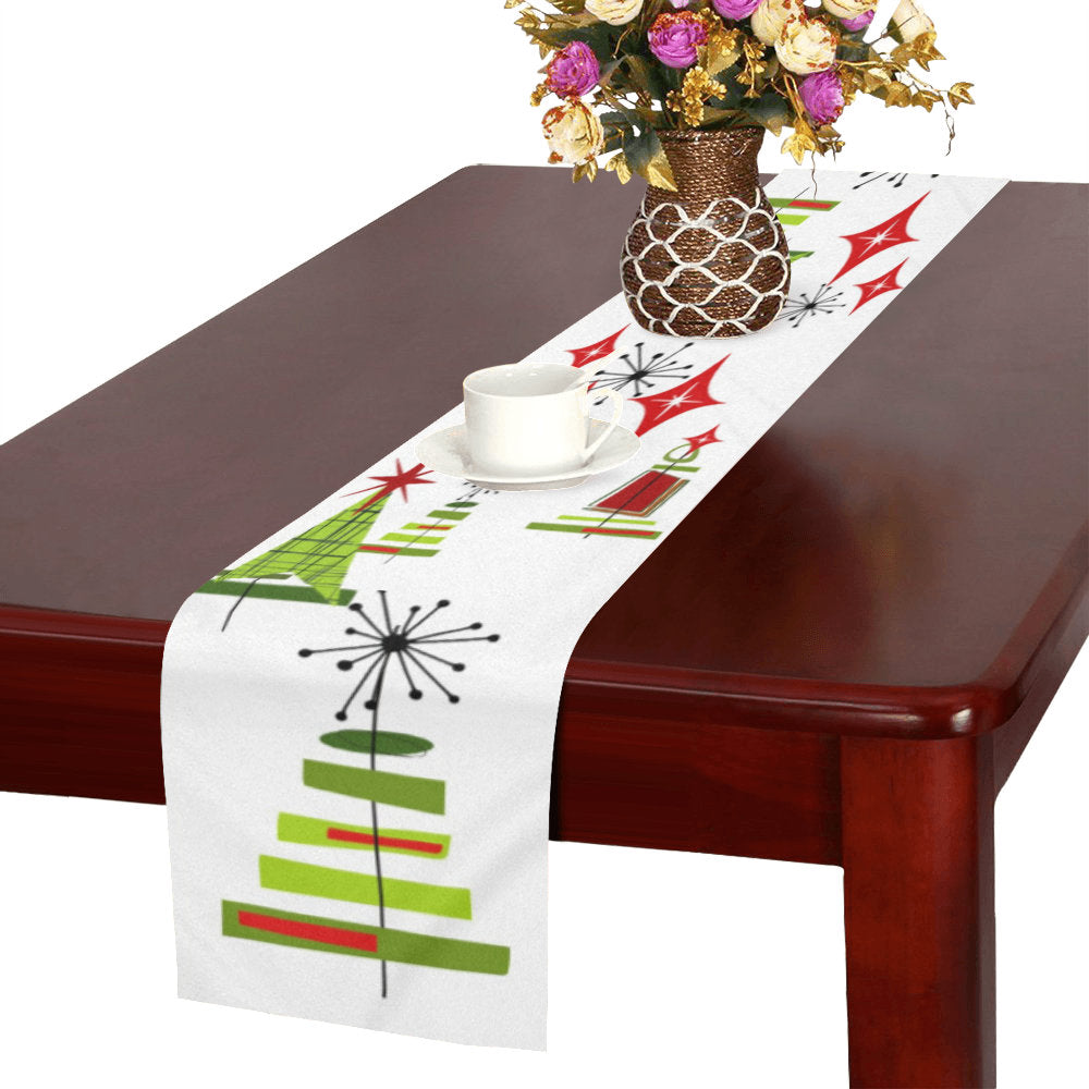 Christmas Holiday Table Runner Mid Century Modern White Tinsel Trees