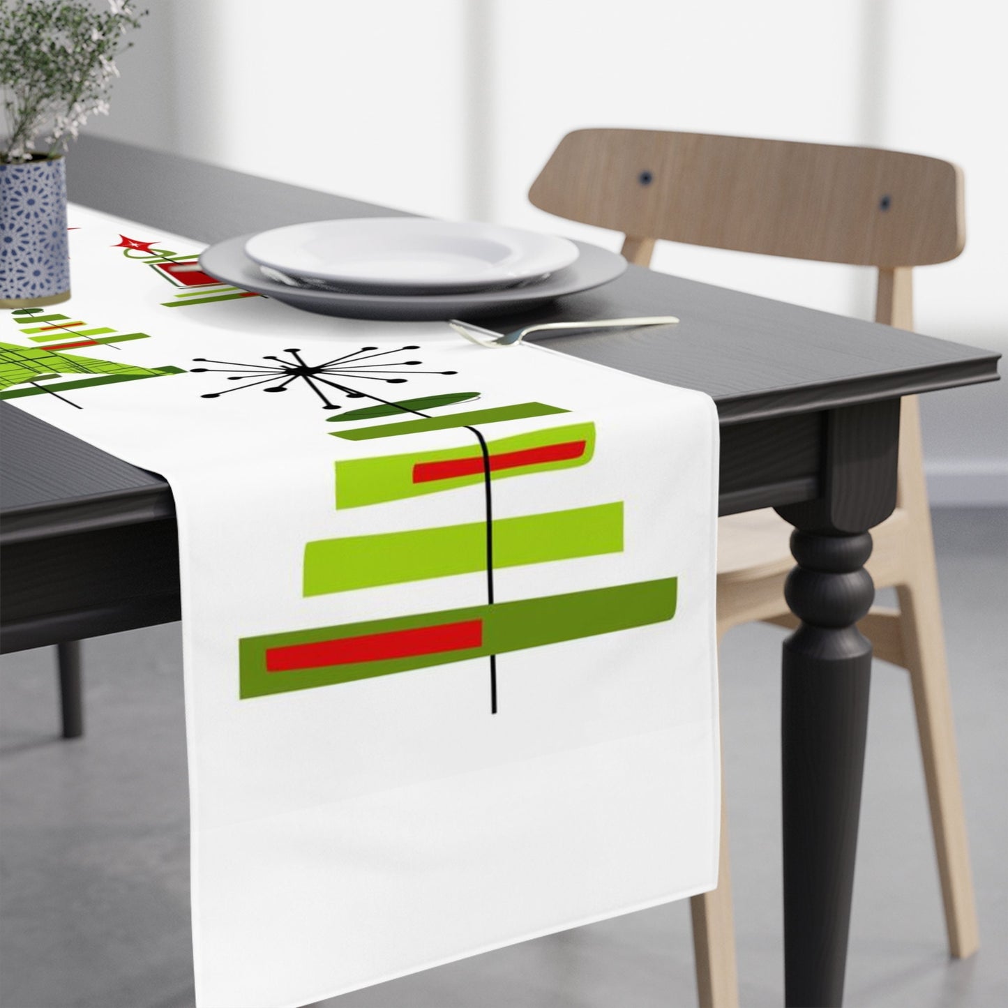 Christmas Holiday Table Runner Mid Century Modern White Tinsel Trees