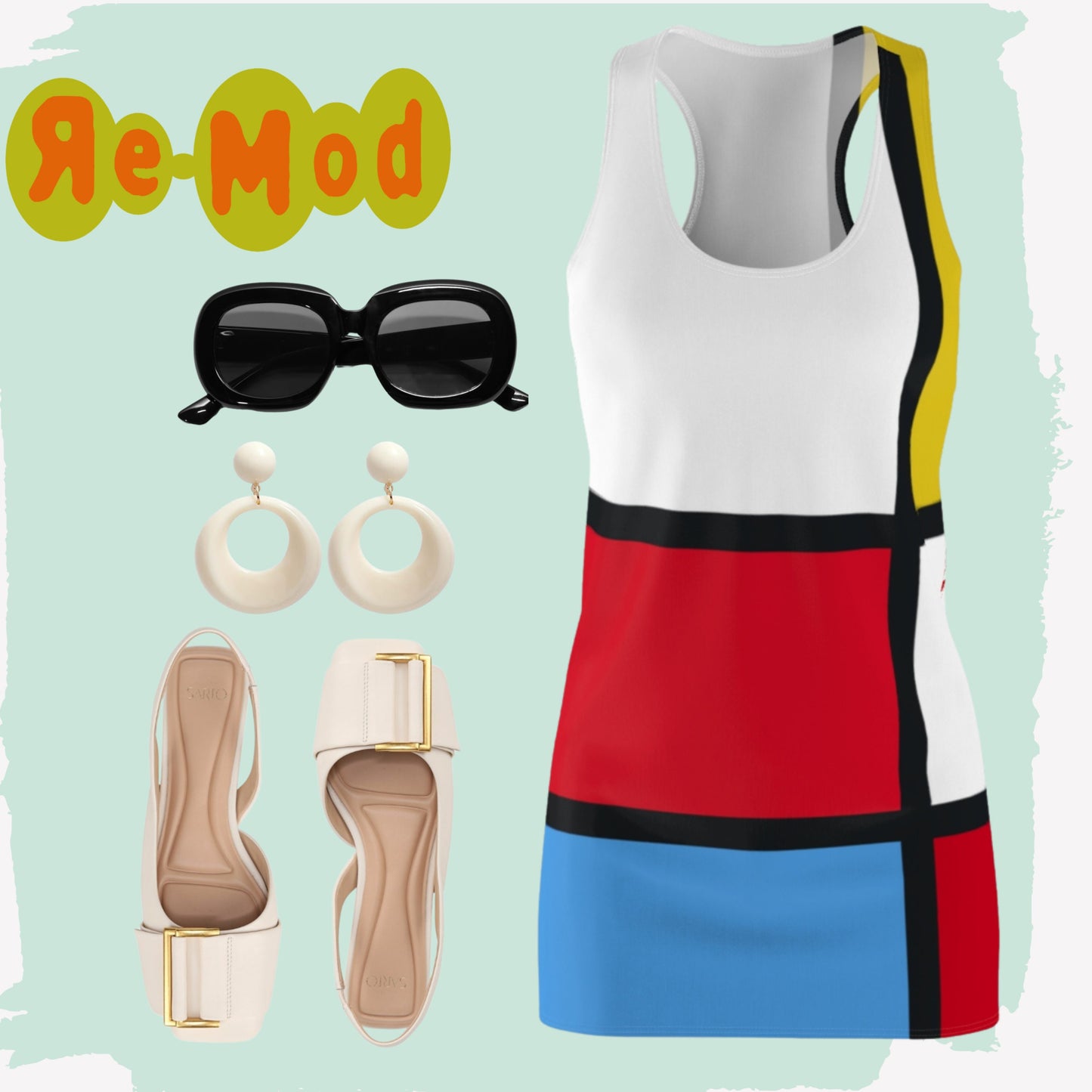 Mondrian Black White  Red Blue 1960s 60s Style Dress Beach Cover Up Retro Fashion Clothing for Women Small Medium Large