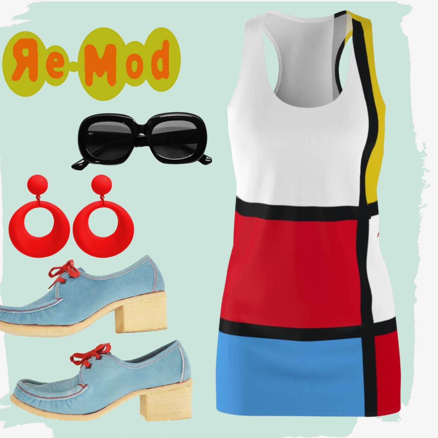 Mondrian Black White  Red Blue 1960s 60s Style Dress Beach Cover Up Retro Fashion Clothing for Women Small Medium Large