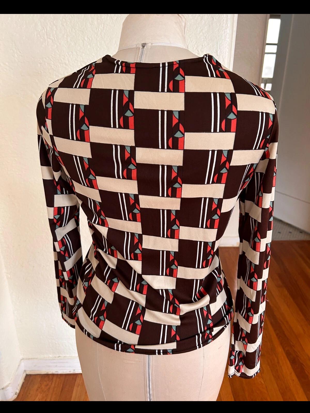 Vtg 70s 80s 90s Mod Geometric Brown Cream stretch long sleeve shirt women med sm