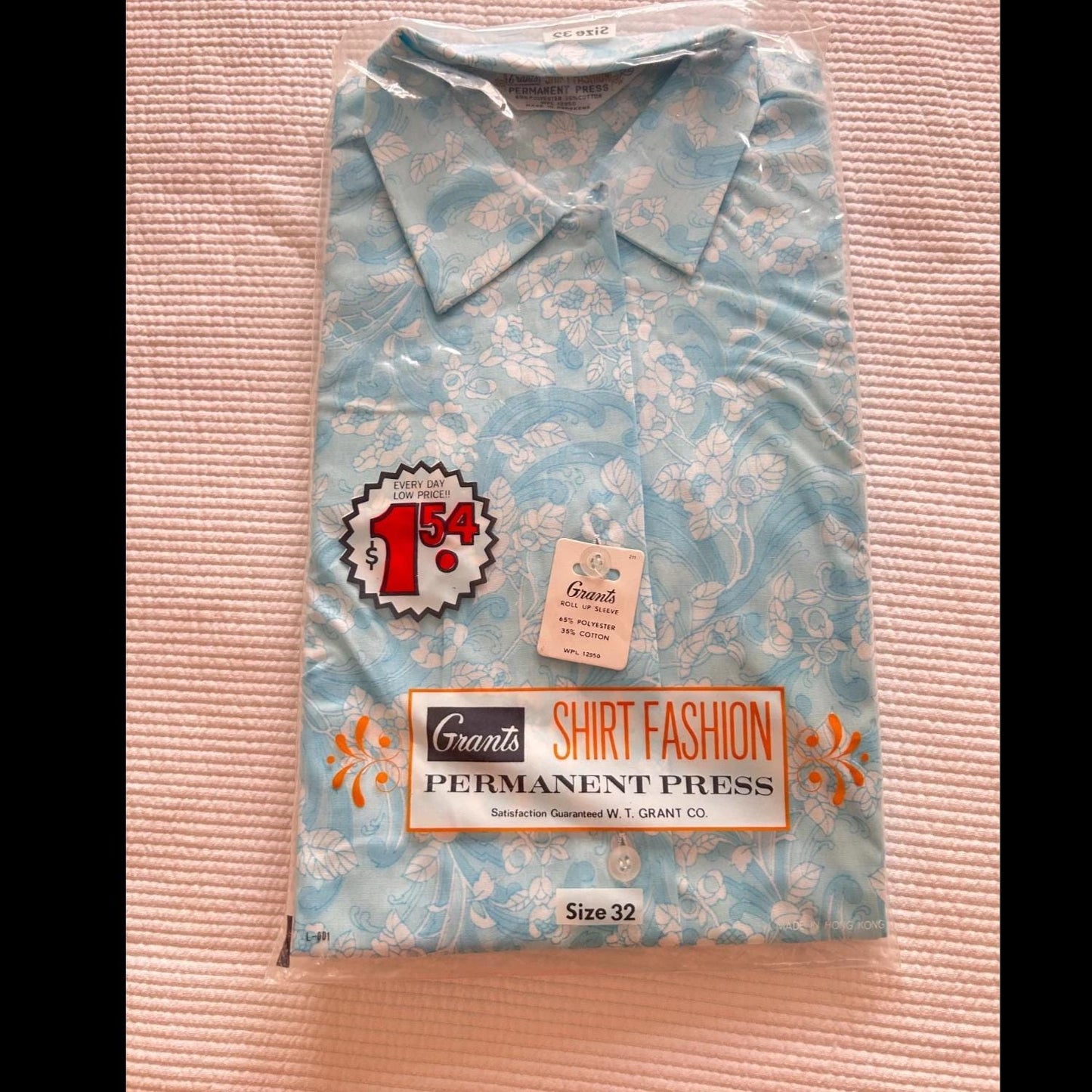 NEW Vintage 1960s Grants Blue Floral Button-Up Blouse With Cuff Sleeves Top