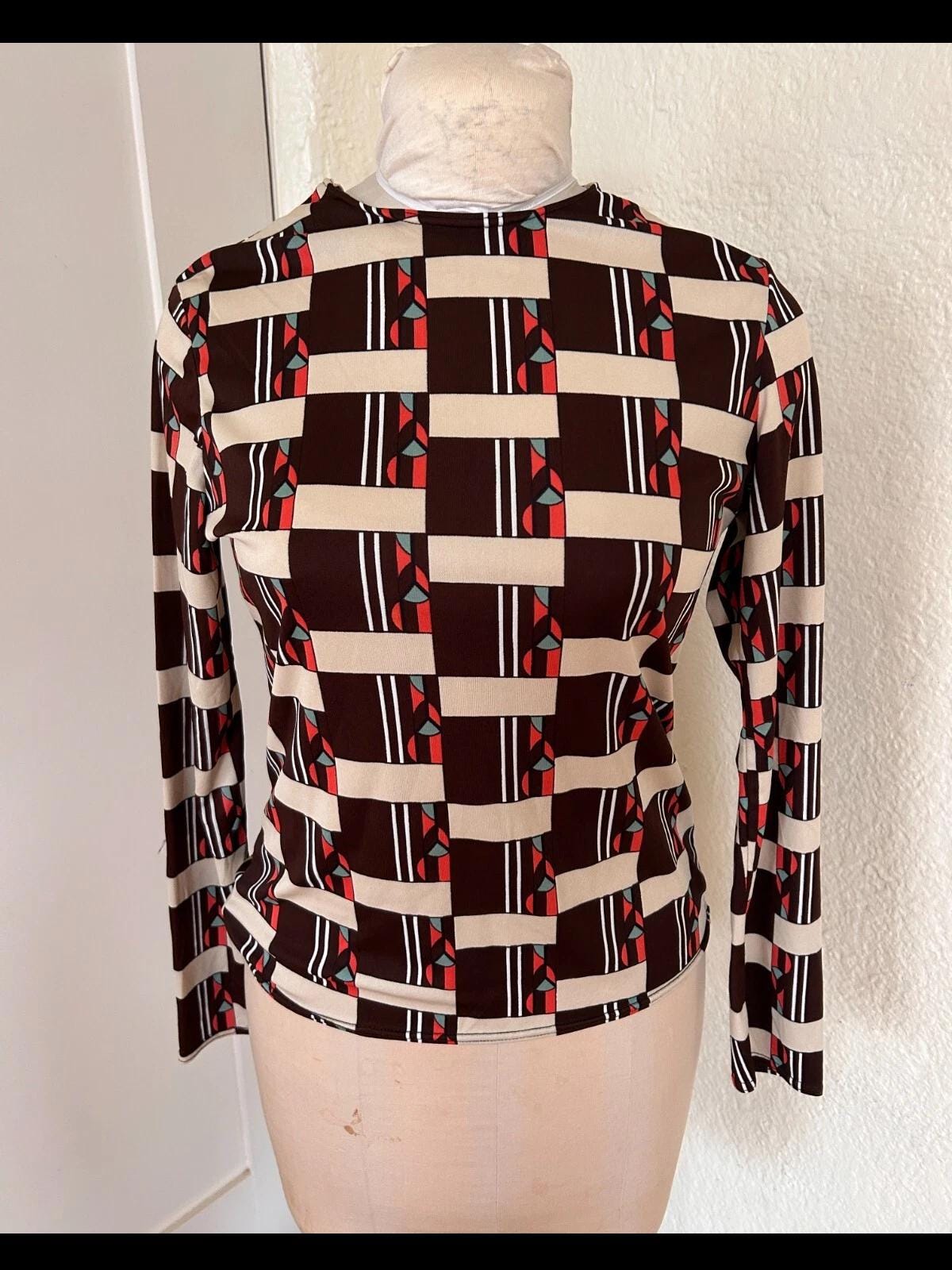 Vtg 70s 80s 90s Mod Geometric Brown Cream stretch long sleeve shirt women med sm