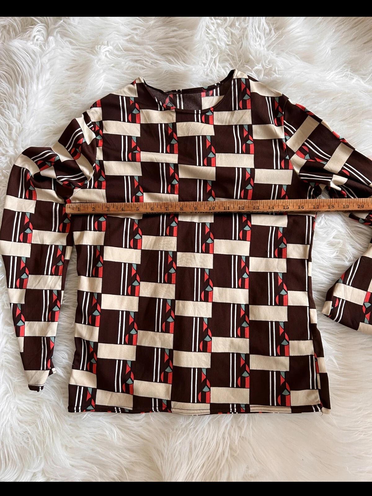 Vtg 70s 80s 90s Mod Geometric Brown Cream stretch long sleeve shirt women med sm