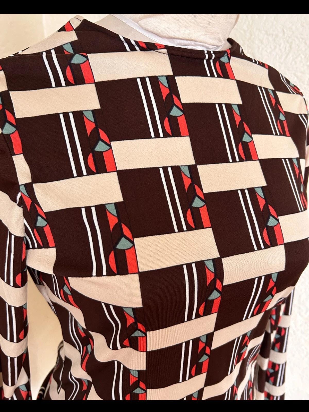 Vtg 70s 80s 90s Mod Geometric Brown Cream stretch long sleeve shirt women med sm