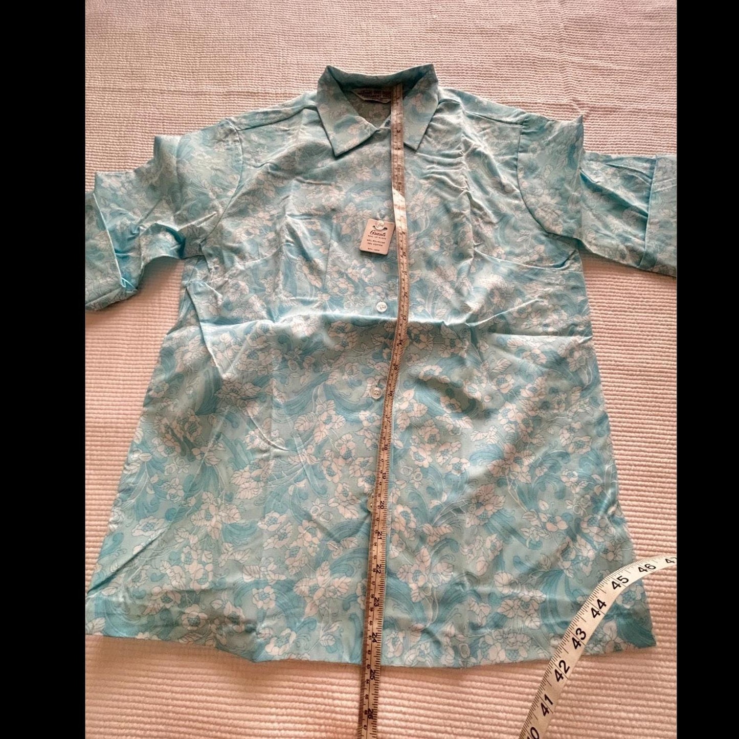 NEW Vintage 1960s Grants Blue Floral Button-Up Blouse With Cuff Sleeves Top